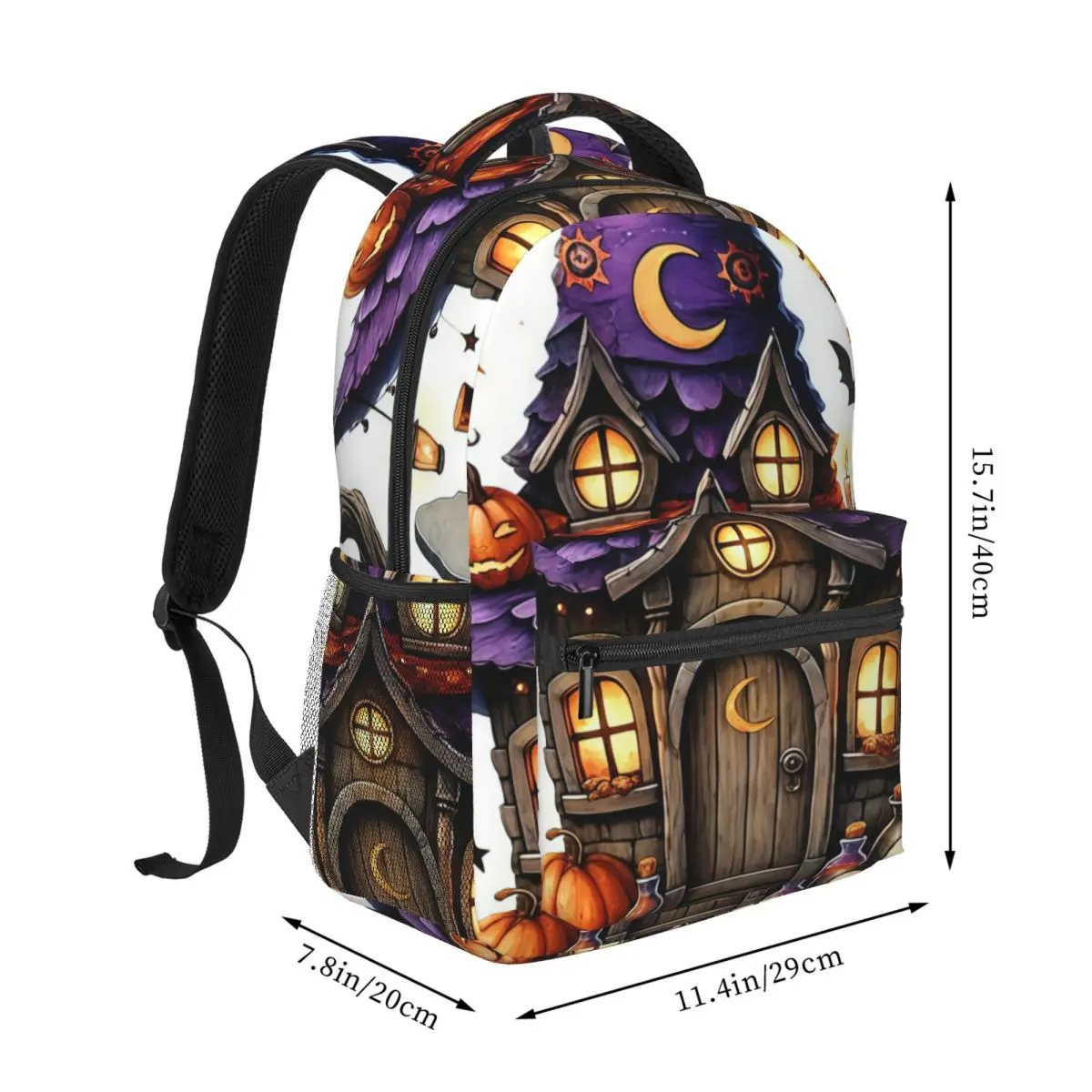 Gothic Backpack Center Witch Hat House Pumpkin Cat Whimsical Halloween Illustration Purp Seasonal Bookbag for Teens Costume Boys