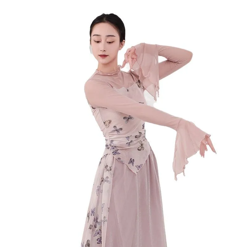 ملابس الرقص الكلاسيكية الإناث المعلم الكبار ربيع جديد سليم أنيق فراشة مطبوعة غزل الجسم ممارسة البدلة مجموعة