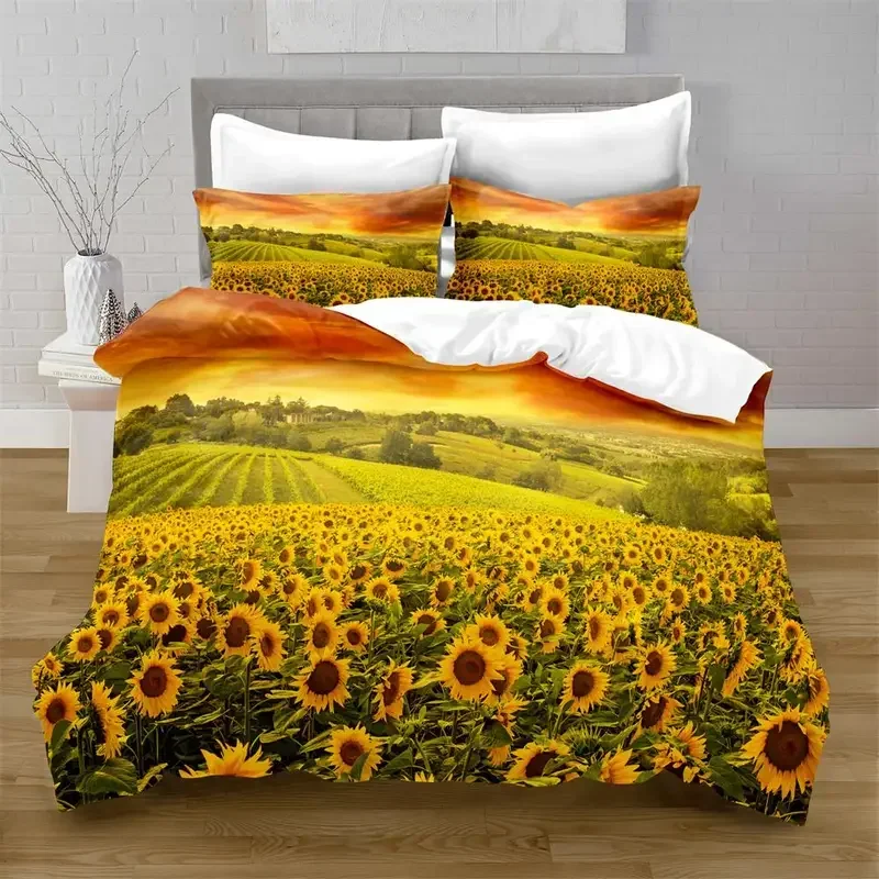 Sunflower Duvet Cover Set Yellow Flowers Lush Sunflowers In The Field Bedding Microfiber Botanical Floral Print Quilt CMM221