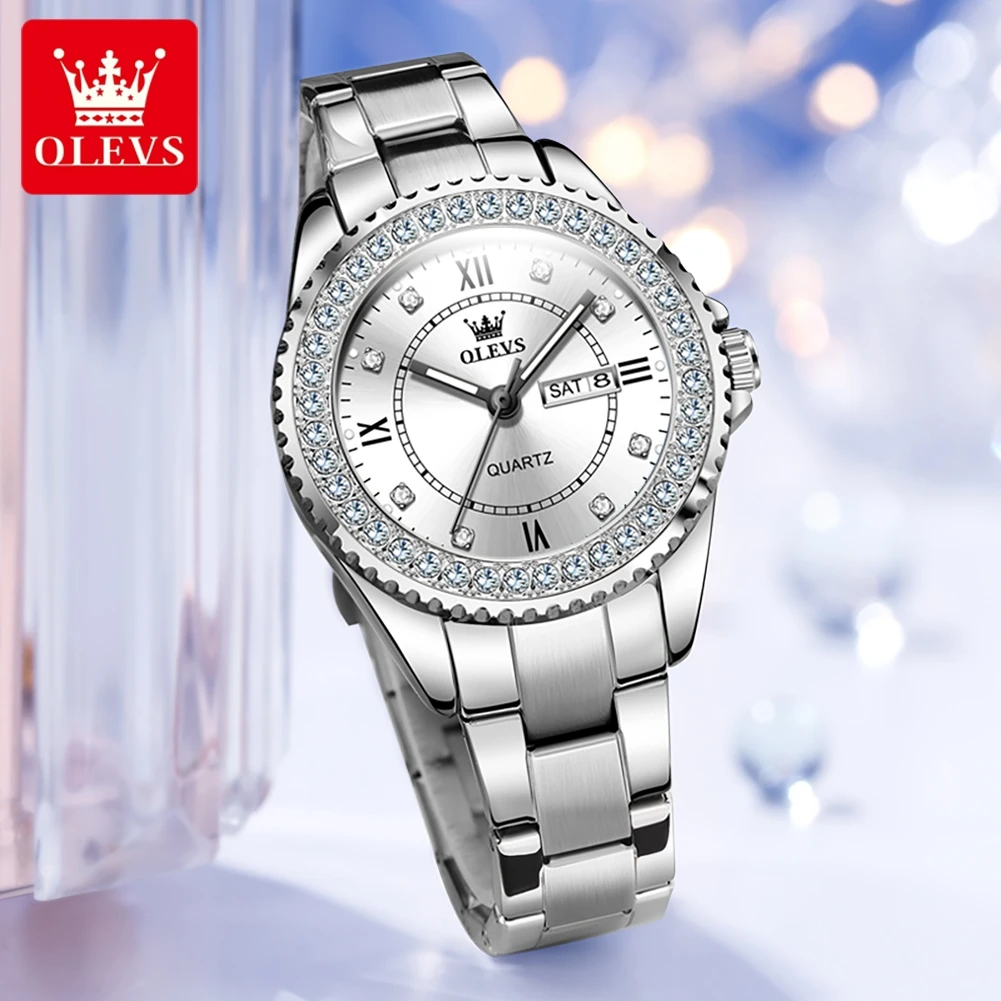 OLEVS 9993 Luxury Dual Calendar Watch For Women Original Waterproof Stainless Steel Woman Watches Roman Scale Quartz Wristwatch