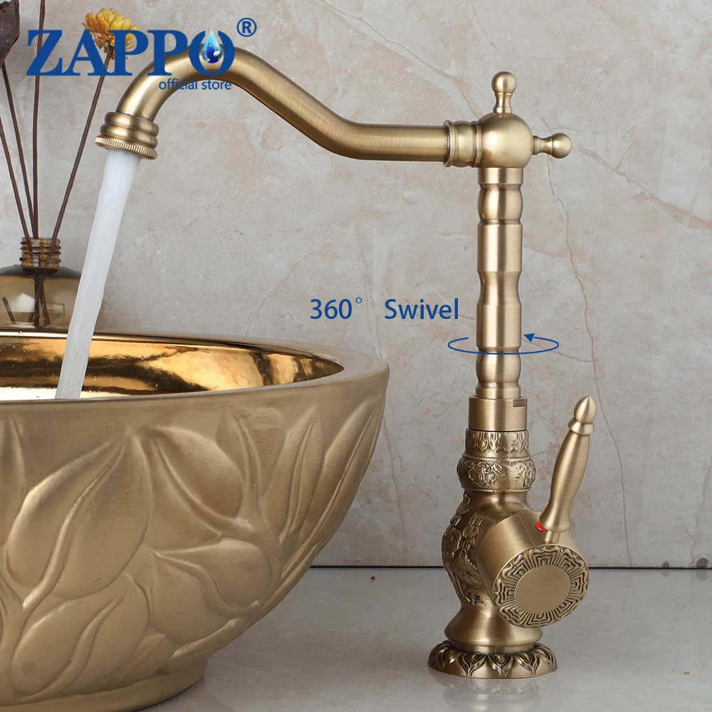 

ZAPPO Basin Faucets Antique Brass Bathroom Sink Faucet Carving Tap 360 Rotate Single Handle Hot and Cold Water Mixer Taps Crane