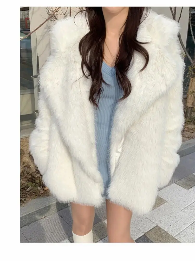 Women Faux Fur Jacket Fox Fur Coats Winter 2024 Korea Suit Collar Casual Loose Pink Female Thick Warm Overcoat Furry Clothes