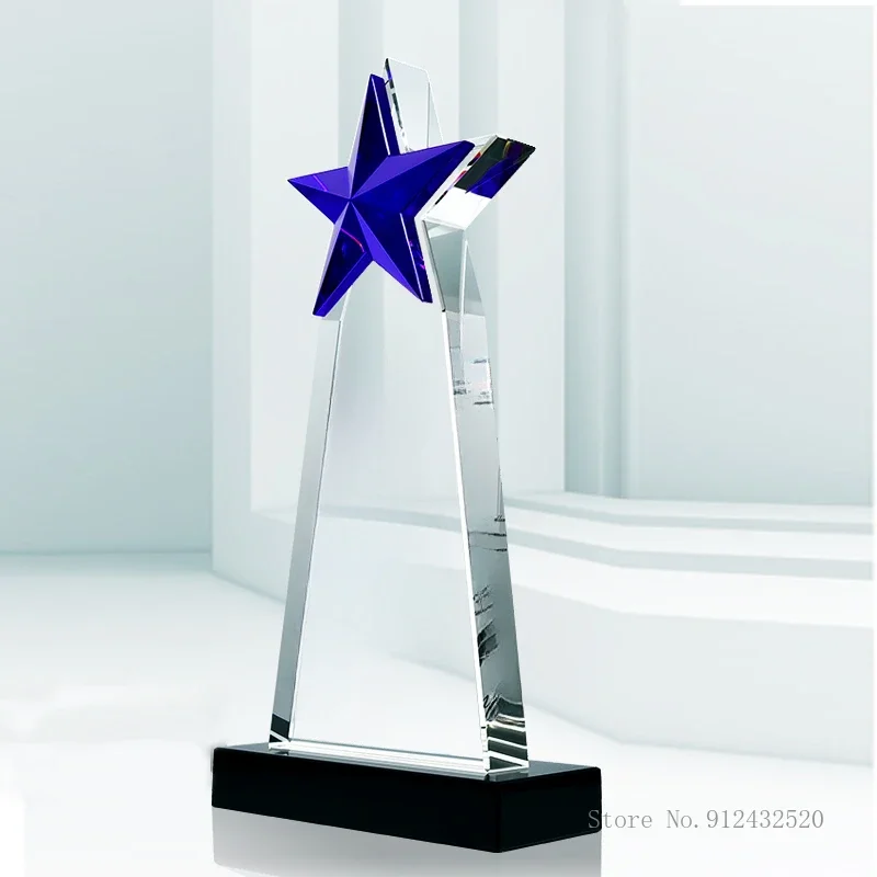 Customized Five-Pointed Star Crystal Trophy Award Creative Souvenirs Decor High-end Medal Excellent Employee Team Blue, Red, 1Pc