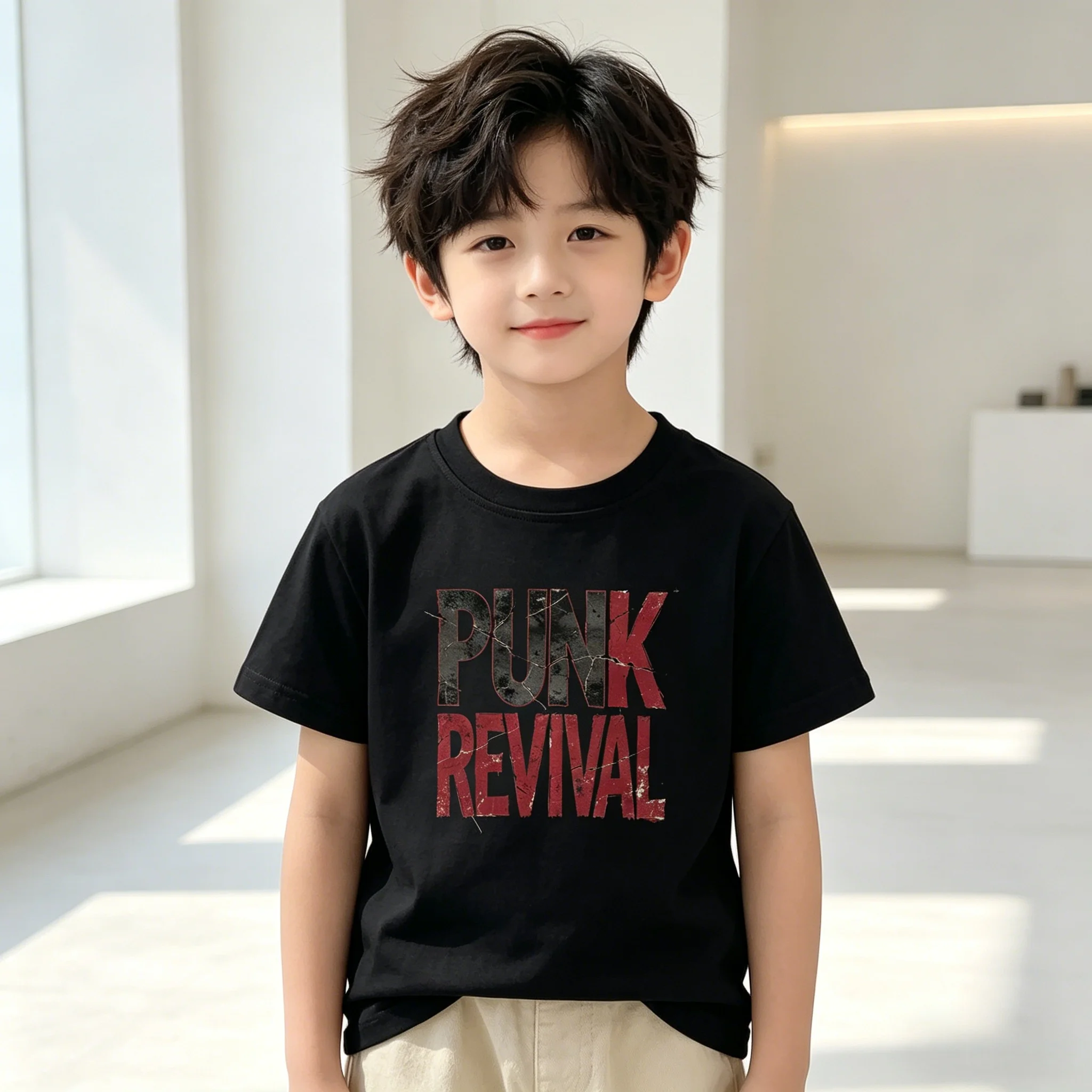 Punk Letter Print Kids Casual Short Sleeve T-Shirt Cotton Soft Breathable Machine Washable for Outdoor Sports Daily Play