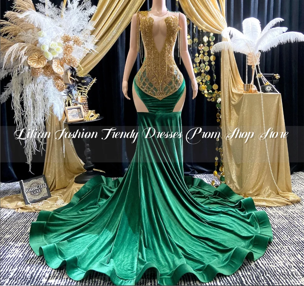 Luxury Hunter Green Mermaid Prom Dress2025 Glitter Gold Diamante Backless Appliqued Black Girl Party Customised מסיבת שמלות