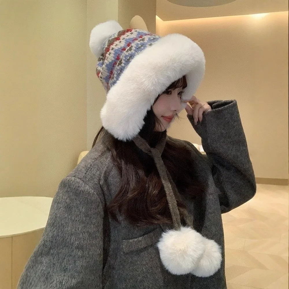 

Casual Thick Knitted Plush Hat Warm Ball Ear Protection Hat Ethnic Style Windproof Pullover Beanie Hat Cycling