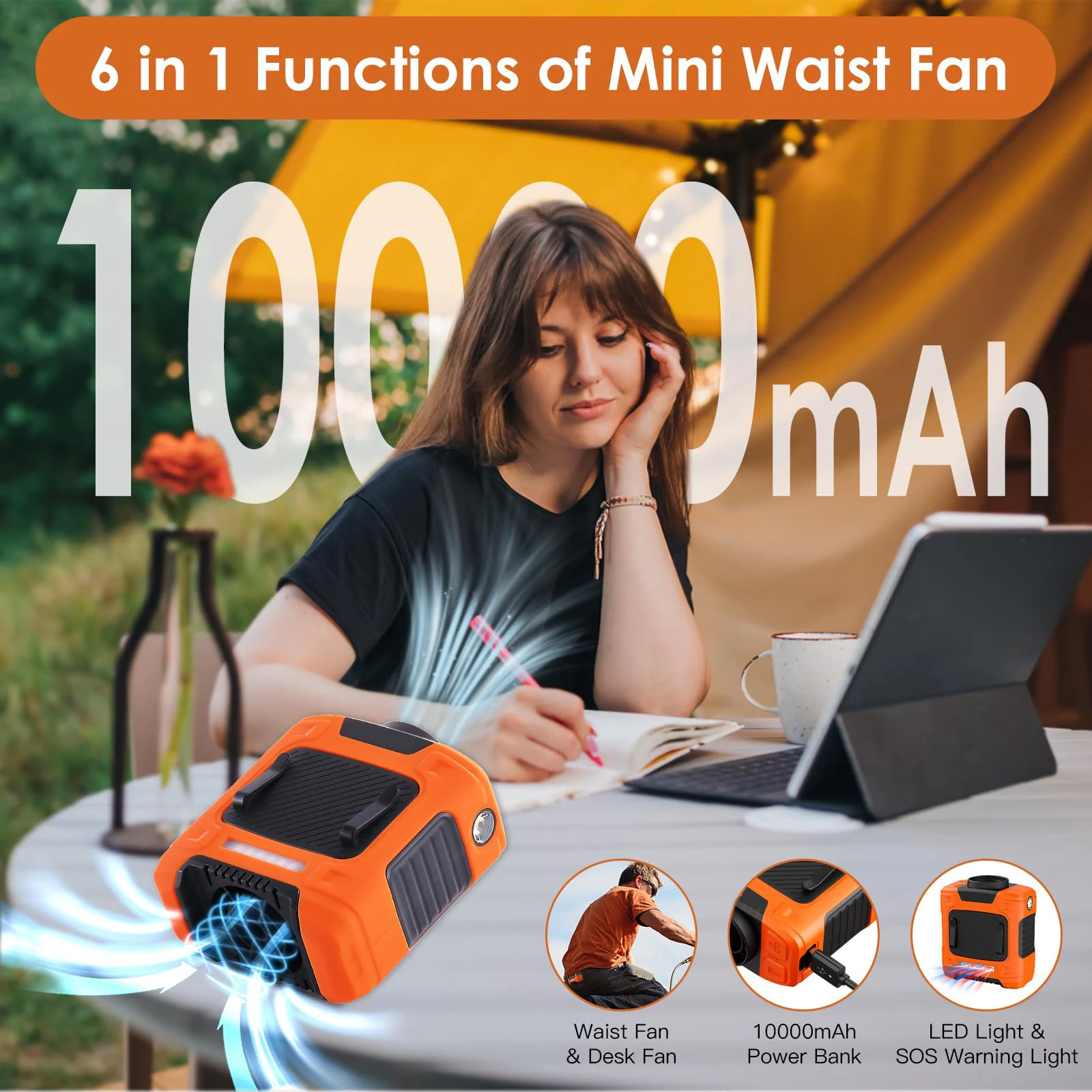 Waist Fan,Clip-on Fan,Portable Cooling Fan with 10000mAh Battery 24H Working Time,LED SOS Light-3 Speeds,for Jobsite,Shirt Fan