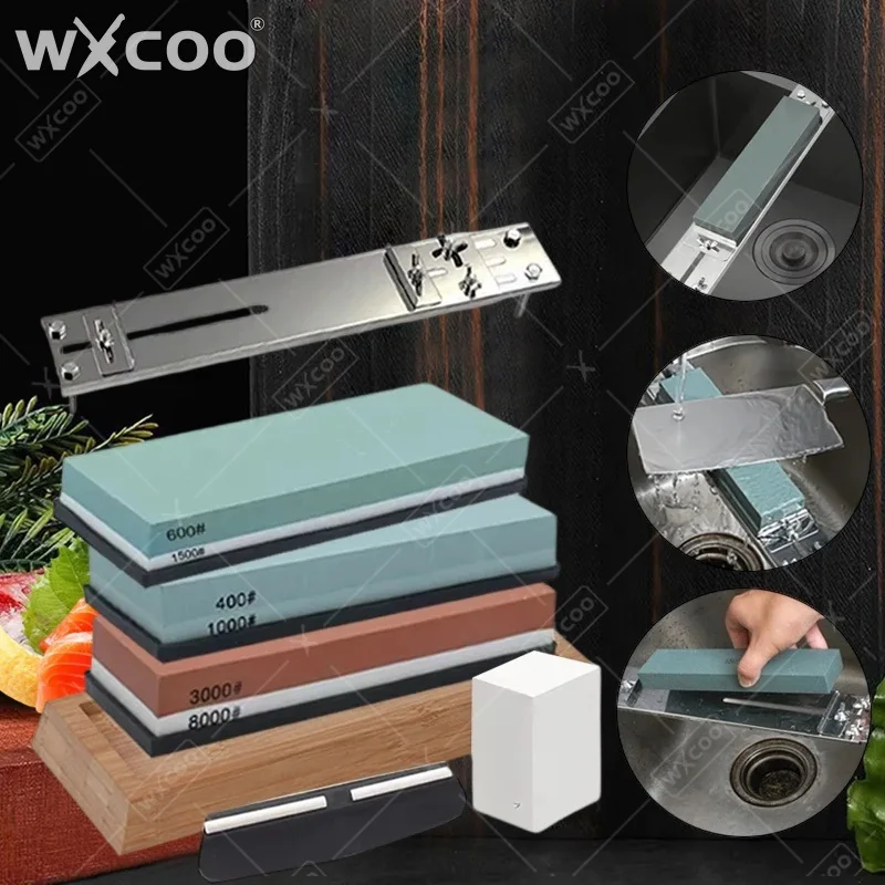 

Профессиональный набор для заточки ножей WXCOO: 7 камней с бамбуковой подставкой, зернистость 3000/8000, нескользящие, для заточки ножей умывальными камнями