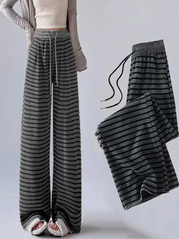 Automne incontournable paresseux jambe droite pantalon coréen Sle rayé pantalon décontracté avec kets doux drapé dames taille haute pantalon