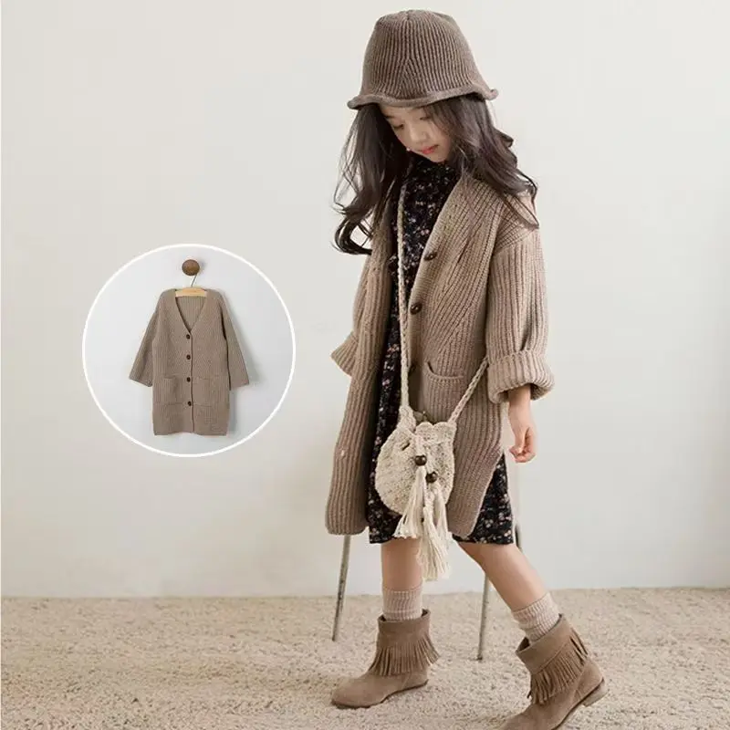 

Girls' Sweater Cardigan 2026 New Autumn Clothing Children's Korean Version Medium Long Thick Thread Knitted Jacket