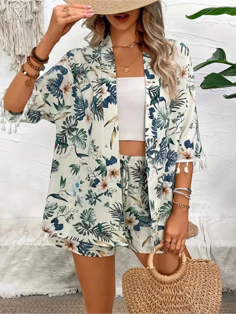 Frauen 2024 Neue Lose Hemd Strand Hosen Set Gedruckt Quaste Kurze Zwei-stück Tops Für Frauen Mode Lässig kordelzug Shorts Set
