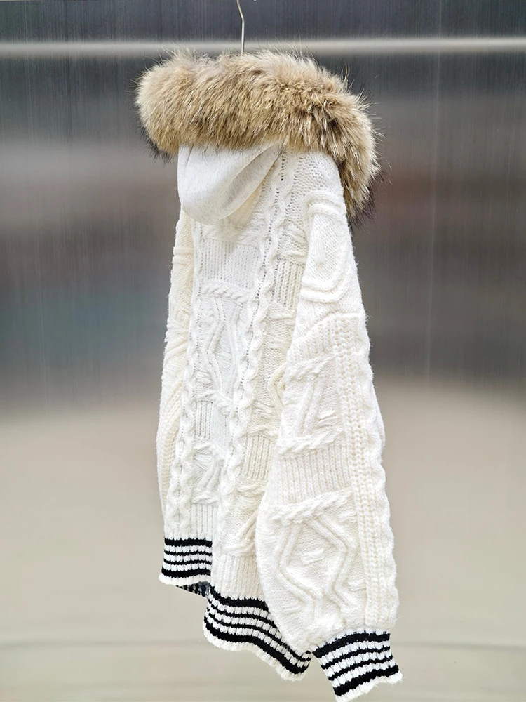 2025 Women Winter Luxury Real Raccoon Fur Collar Hoodie Knitting Thick Denim Cloth Joint Sweater Hooded Zipper Coat