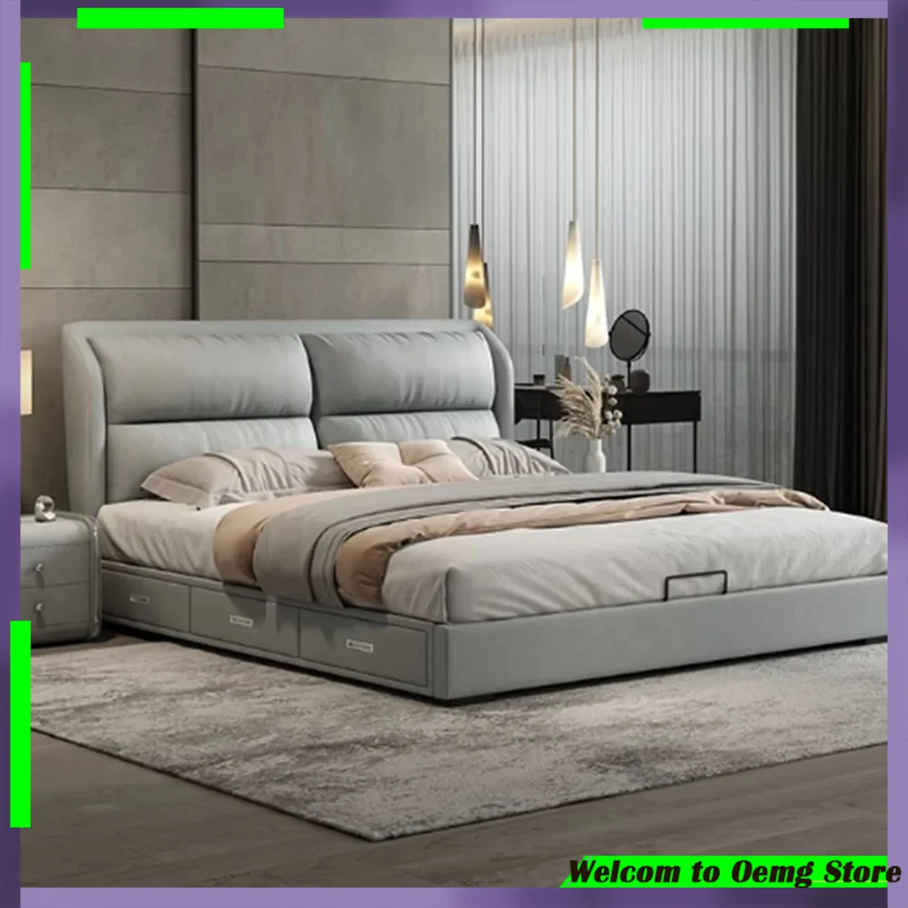 

Modern Double Headboard Bed Unique Luxury Storage Drawers Aesthetic Design Stylish Bedroom Home Accessories Furniture Decor