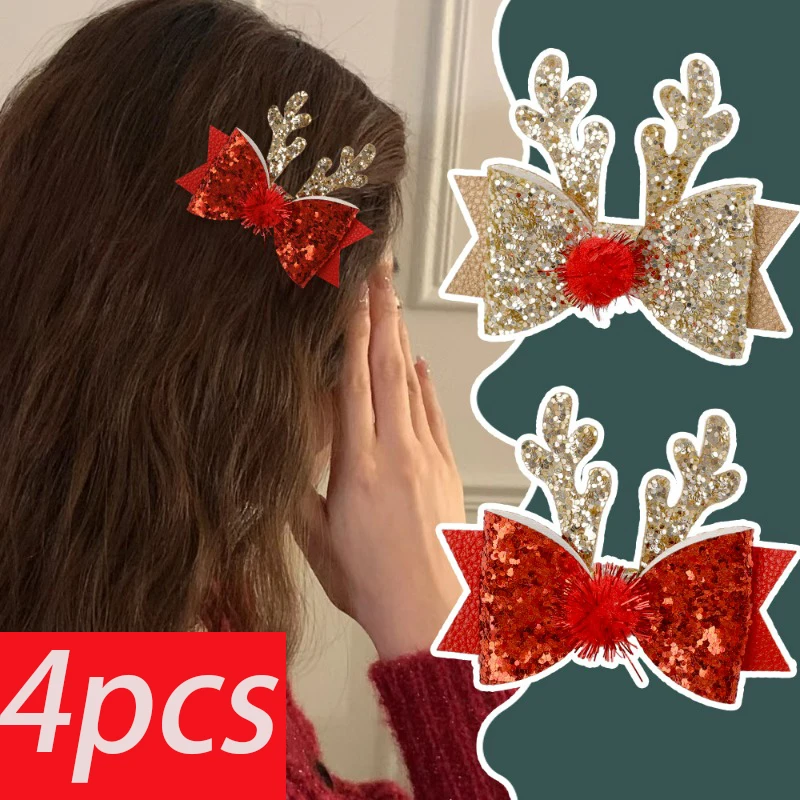 

Christmas Antler Hair Clips Red Plush Ball Bowknot Bangs Side Duckbill Clips New Year Party Girls Headwear Sparkling Hairpins