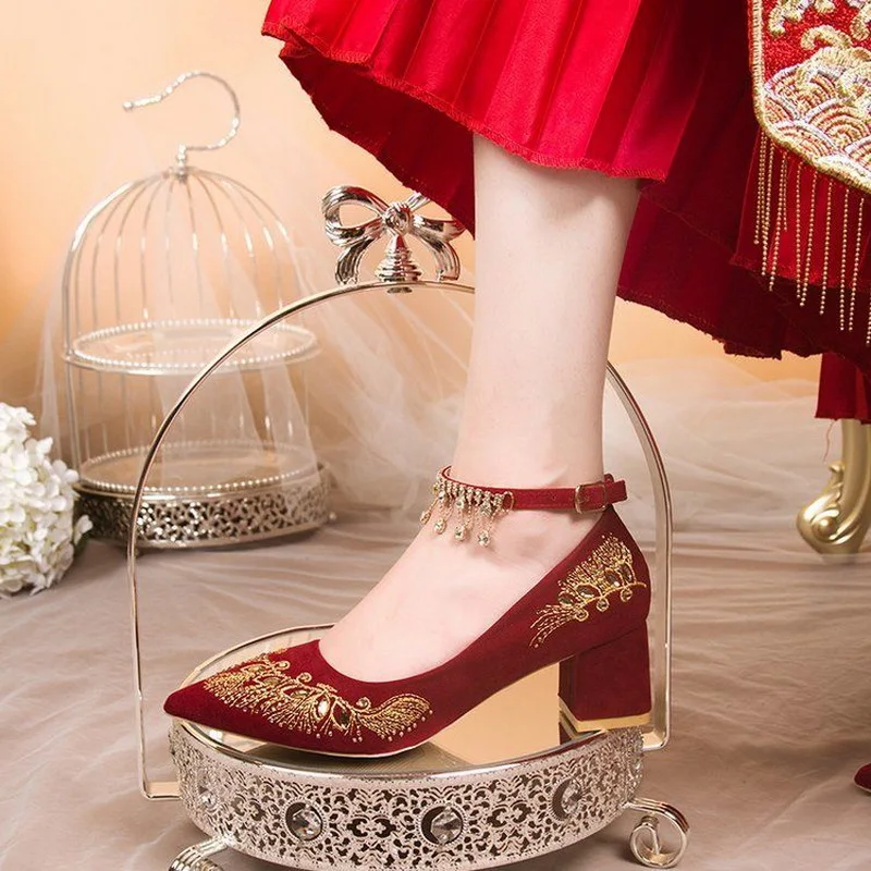 FHC Embroidery Flower Bride Wedding Shoes,Fashion Women Pumps,Rhinestone Ankle Strape High Heels,Pointed Toe,Wine-red,Dropship