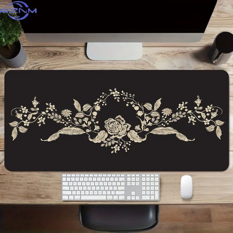 1pc Retro Style Mouse Pad  cm, Non Slip Extended Table Mat, Golden Floral Patterns Desk Mat for Office Home Decor, Soft Fabric S