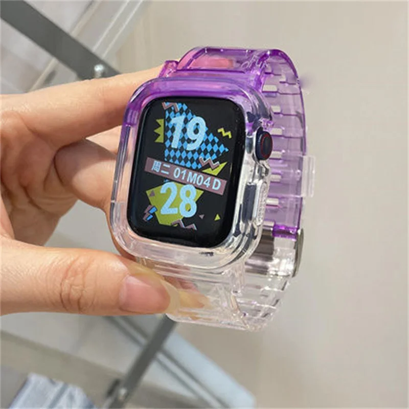 แถบบล็อกสีน่ารัก + เคสเหมาะสำหรับนาฬิกา Apple ซีรี่ส์8 7 6 SE 5 45มม. 44มม. 42มม. 41มม. โปร่งใสสำหรับ iWatch 3 38มม. 40มม.