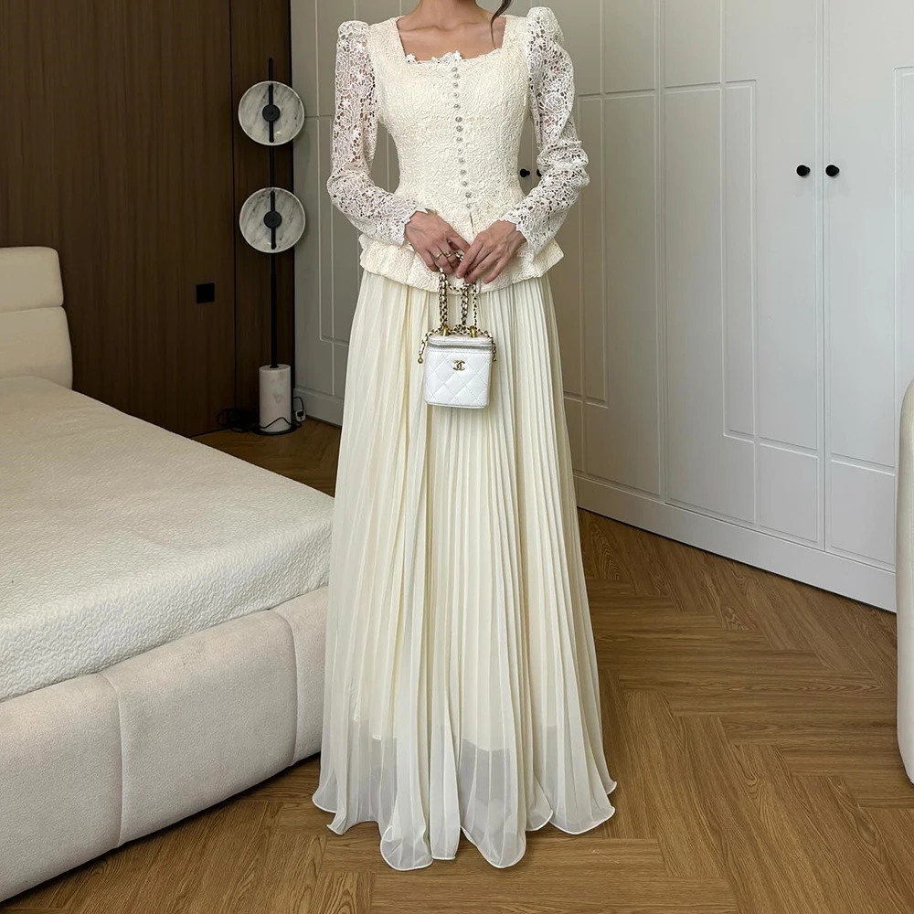 

Customized A-line Evening Dresses Floor-length Square Collar Full Sleeve Prom Gown Fashion Lace Button Simple Draped Party Gown