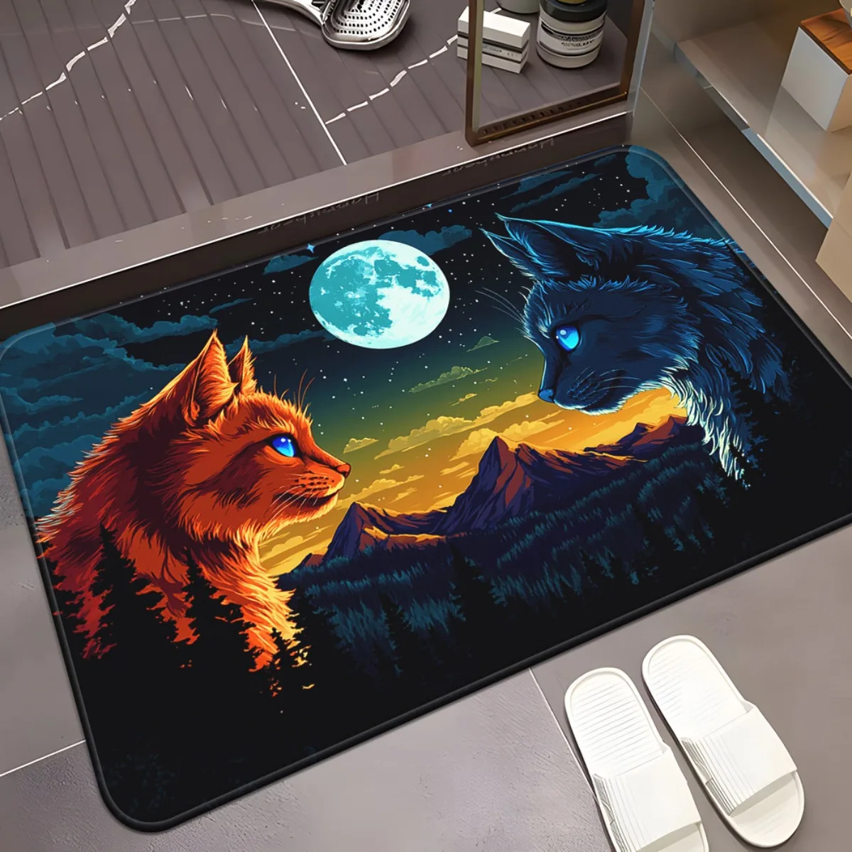 1pc Fox & Wolf Under Moonlit Sky HD Printed Non-Slip Door Mat - Absorbent Machine Washable Polyester Mat for Indoor/Outdoor Use