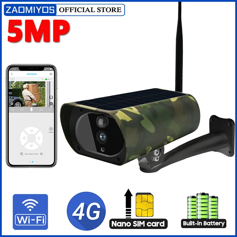 4G SIM Solar Outdoor Waterproof Camera 5MP 2K Wireless  Human/Animal Detection Surveillance 2-Way Talk Security Wildlife Camera