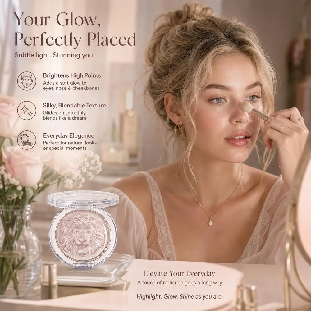 3D Lion Embossed Highlighter Powder Palette 3 Color High-gloss Powder Facial Contour Pearl White Glitter Shimmer Makeup Tool