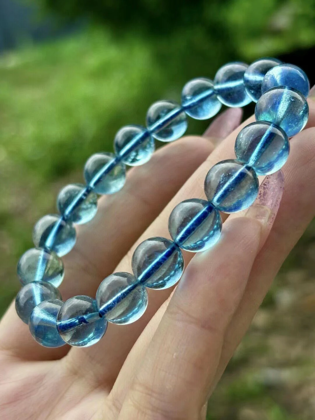 Natural Blue Aquamarine Clear Round Beads Bracelet Women Men Brazil 10.6mm Stretch Blue Aquamarine Jewelry AAAAA