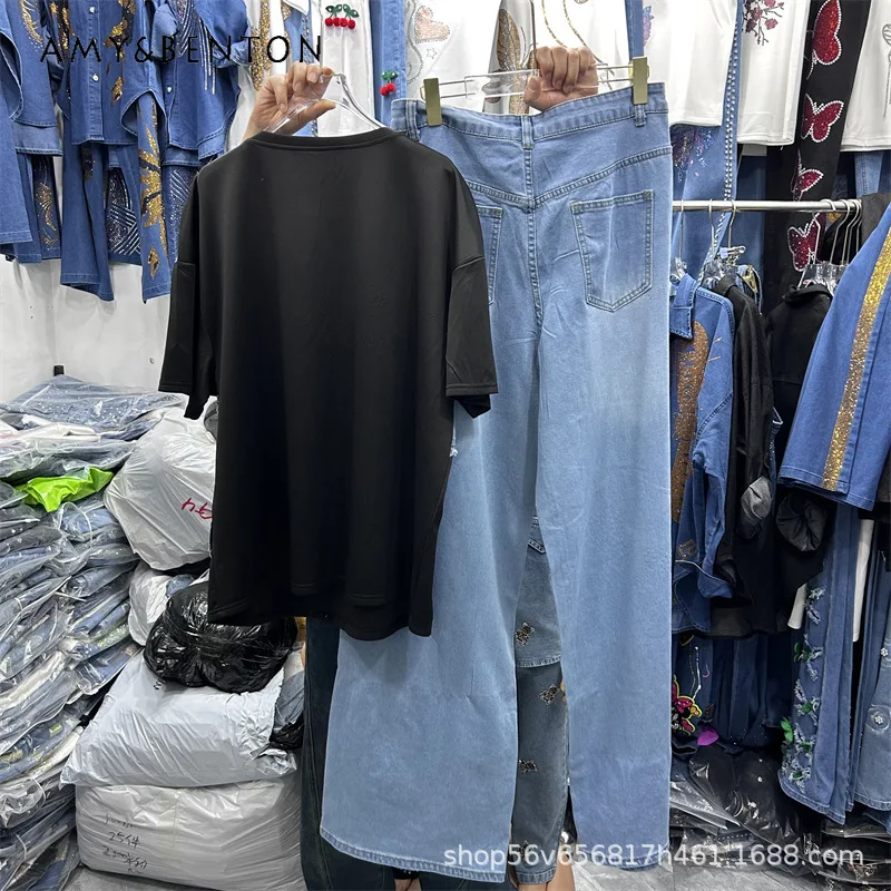

Popular Rhinestone Y2k Denim Patchwork Short-sleeved O-neck T-shirt Top High-waisted Wide-leg Pants 2pcs Set New Summer Clothes