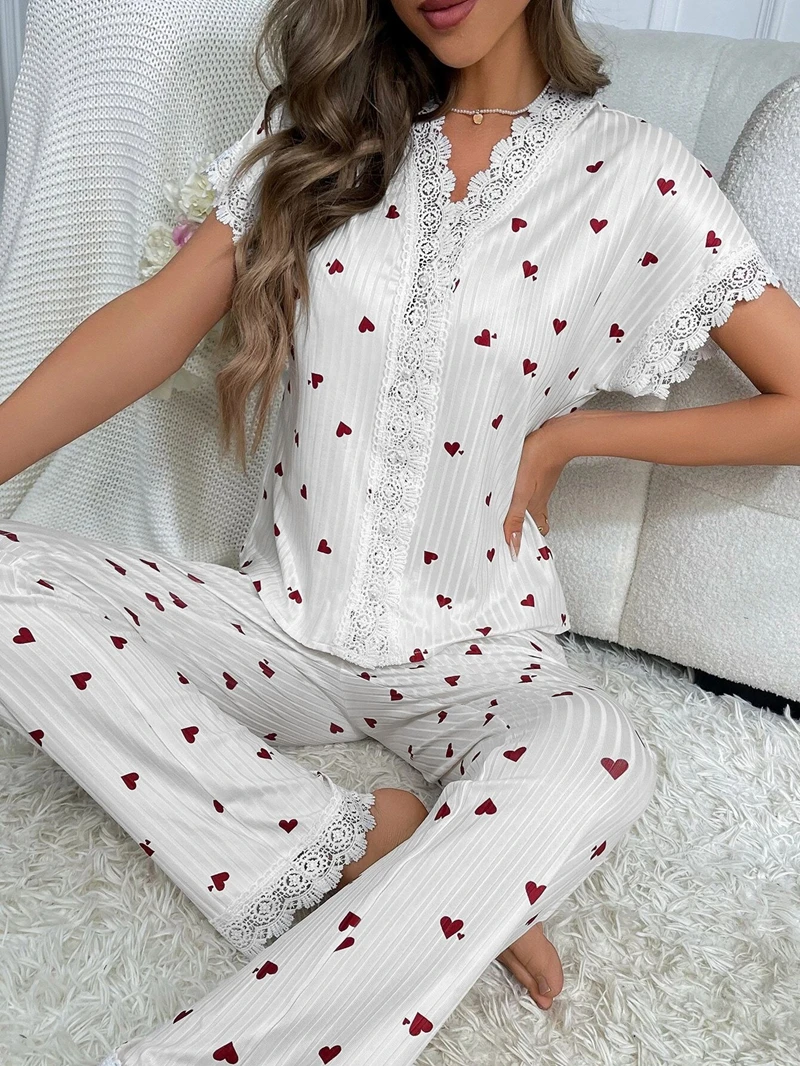 

Women's Casual Cherry Print Pajama Set Short Sleeve V-Neck Top And Matching Shorts Comfortable Relaxed Fit Loungewear Sleepwear