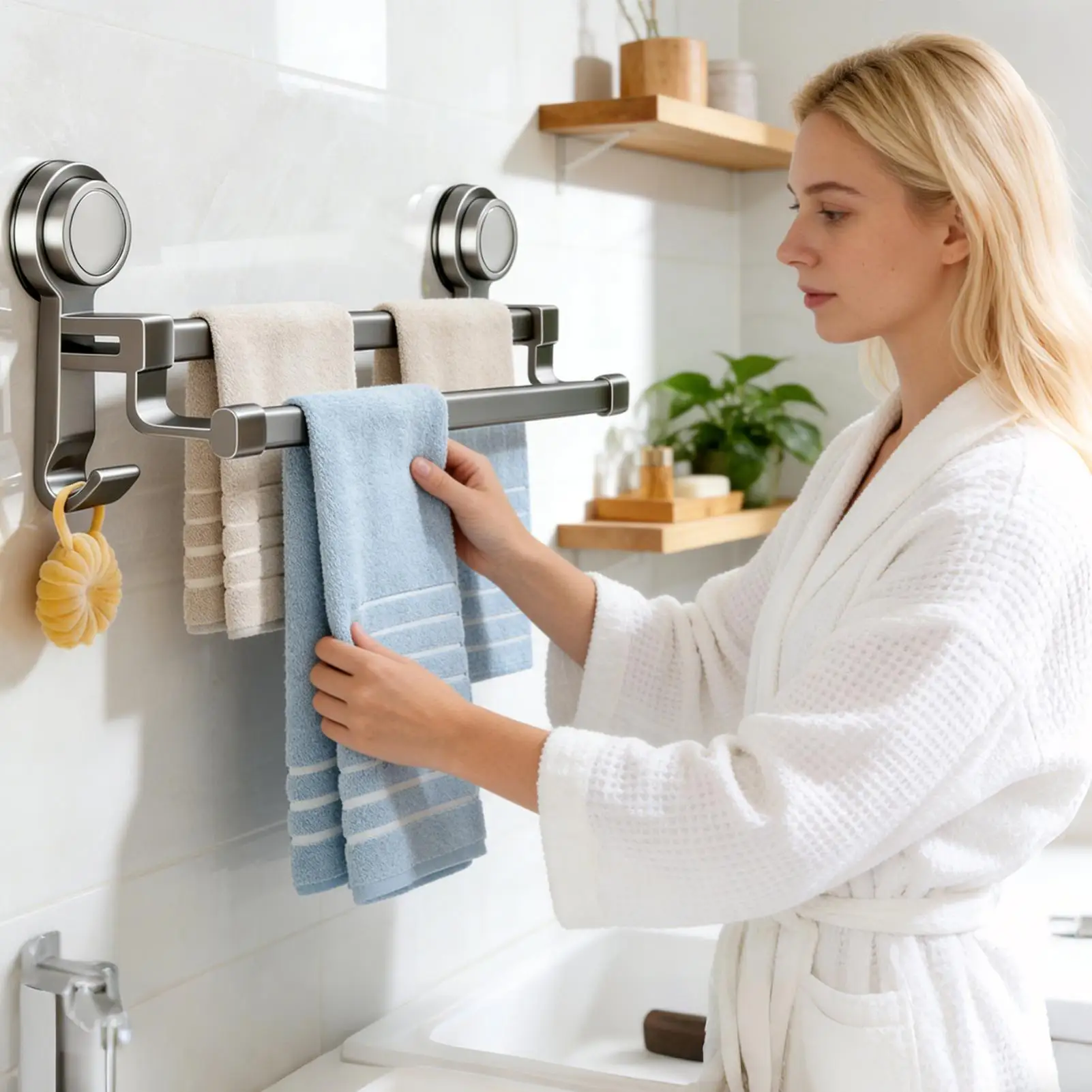 Suction Cup Towel Holder No-Drill Rack With Two Hooks Punch-free Towel Bar For Apartment Home Bathroom Shower Glass Mirror Tile