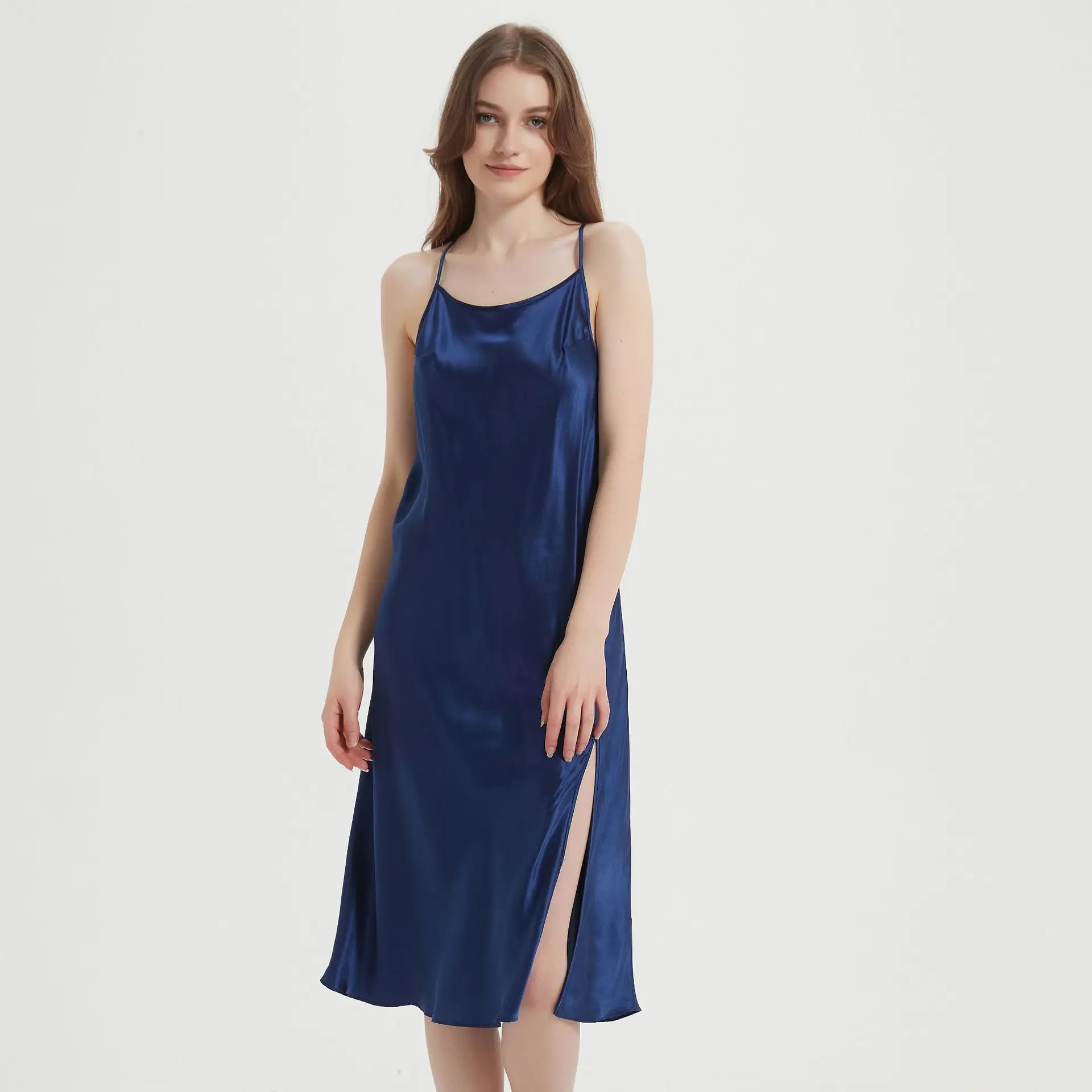 

Шелковая ночная рубашка с открытой спиной и высоким разрезом, сексуальное облегающее платье-комбинация, сорочка из 100% тутового шелка, длинное пижамное платье, универсальная одежда для дома PJ