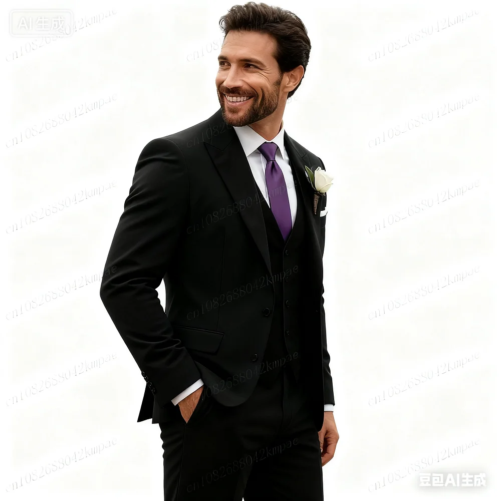

Men's Formal Purple Velvet Tuxedo 3-Piece Suit Black Wedding Groomsmen Best Man Ceremony Party Ball Smoking Outfit