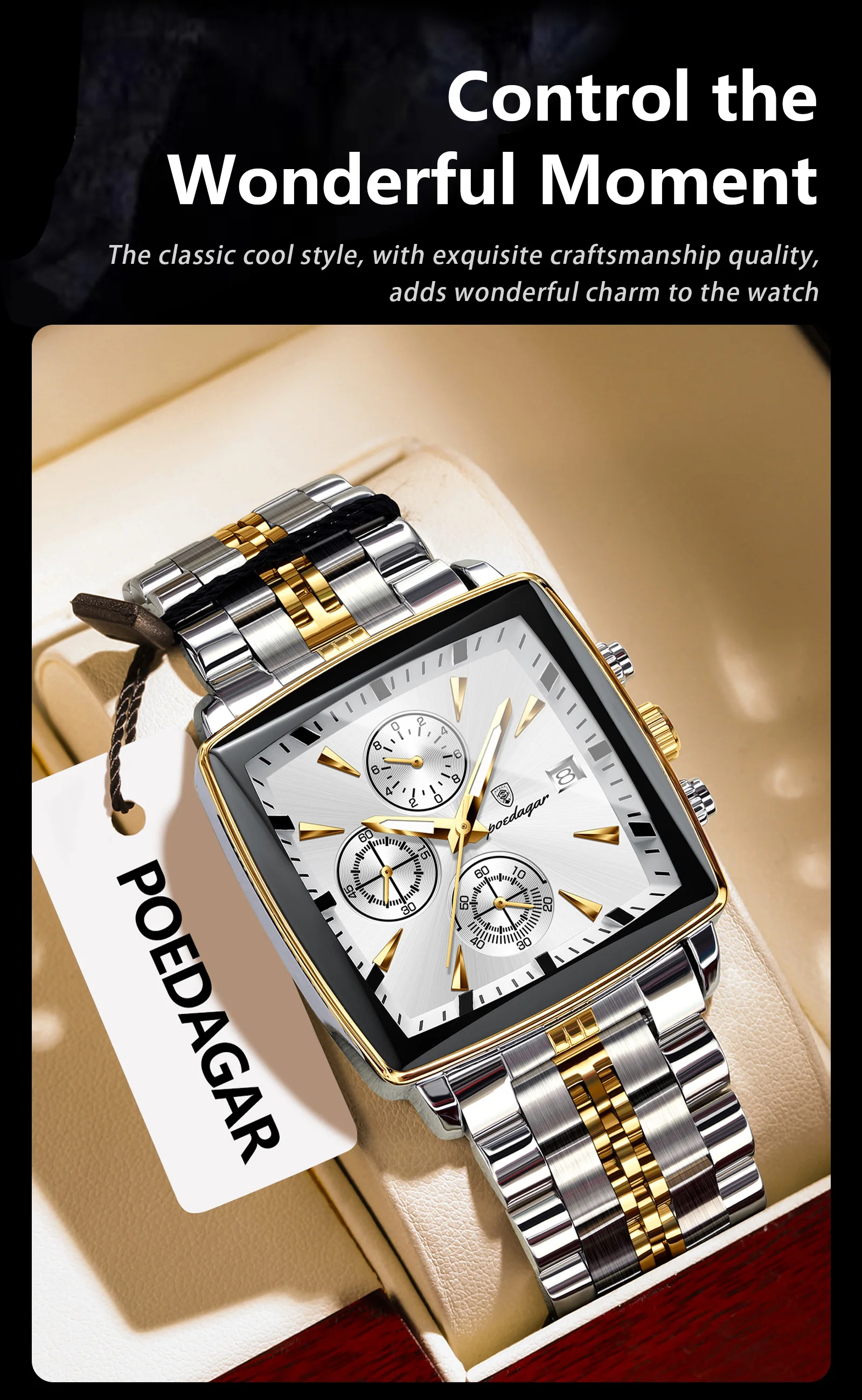 POEDAGAR Fashion Square Men Clock Luminous Waterproof Chronograph Date Men's Watches Stainless Steel Quartz Man Wristwatch Reloj