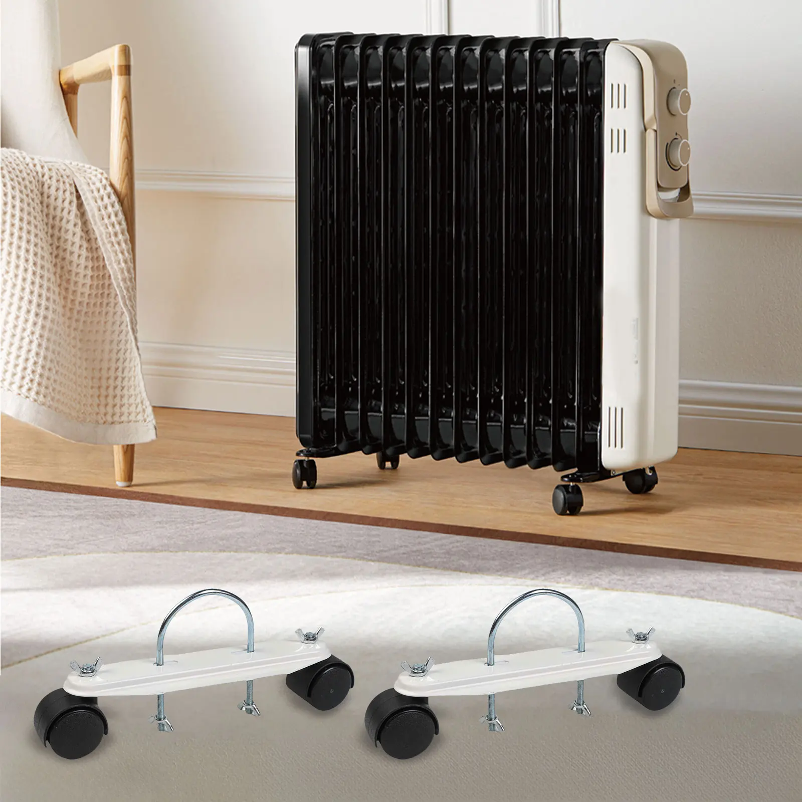 Electric Heater Pulley Brackets 2 Pack with 360 Degree Rotatable Casters and Carbon Steel Structure for Radiator Heaters