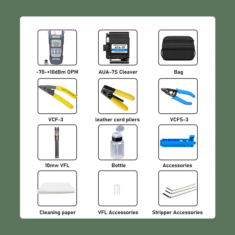 Imagem -04 - Ftth Fiber Tool Kit com 10mw Fibra Óptica Power Meter Vfl Aua7s Cleaver Vcfs3 Port Stripper Mais Novo