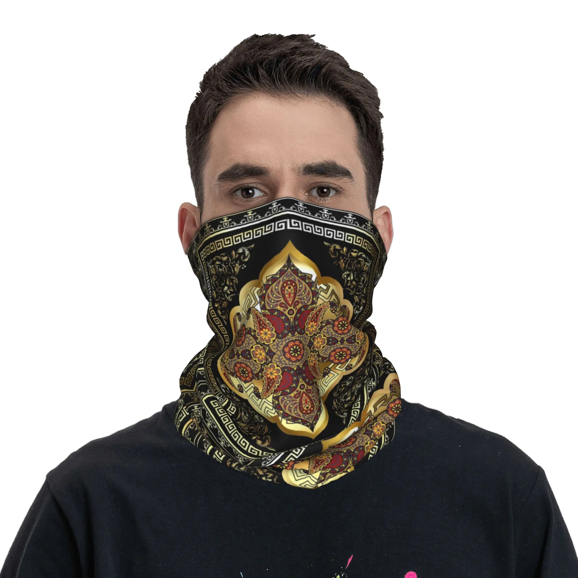 Greek Key Border Golden Red and Black Paisley Design Bandana Neck Cover Printed Mask Scarf Headband Running for Men Women Adult