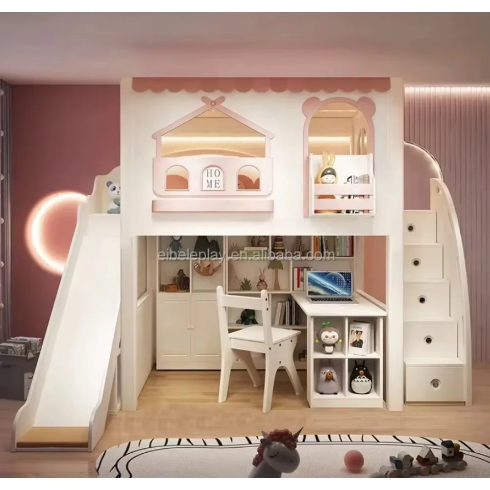 غرفة نوم الأطفال، سرير خشبي رائع بطابقين مع مكتب أسفل وخزانة تخزين الكتب لغرفة الأطفال