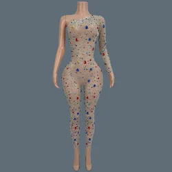 반짝 이는 크리스탈 여성을위한 럭셔리 오프 숄더 Bodycon 점프 슈트 섹시한 생일 파티 나이트 클럽 무대 공연 착용 Tangguo