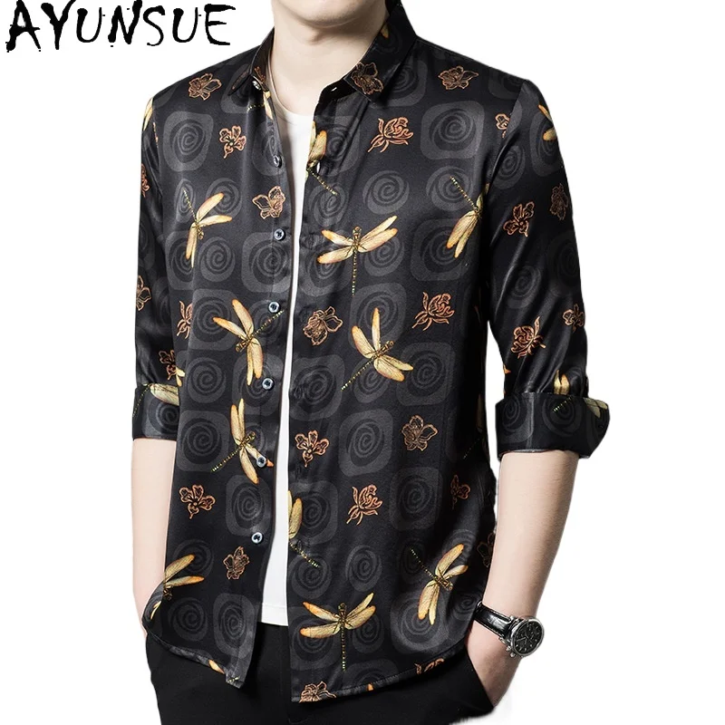 

AYUNSUE 92.5% Real Mulberry Silk Shirt Men Clothing 2026 Spring Fashion Long Sleeve Shirts Casual Silk Tops Man Shirt Camisas