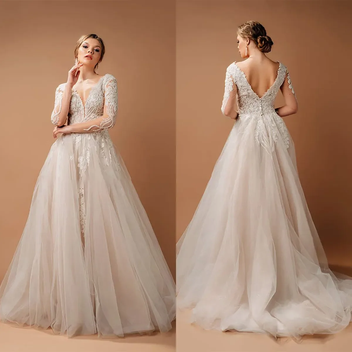 Abito da sposa classico da donna con linea A, scollo a V, manica lunga, abito da sposa, applique, abito da treno, personalizzato, nuova fotografia sulla spiaggia