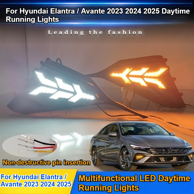 For Hyundai Elantra / Avante 2023 2024 2025 Car Led Daytime Running Light Upgrade Anti-Fog Lights DRL Yellow Dynamic Turn Signal