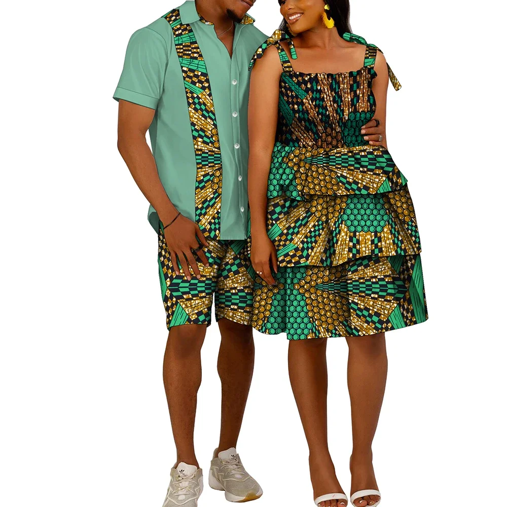 Summer Couple African Clothes Men Shorts and Women Dress Africa Print Bazin Riche Full sleeve Dresses Lover Matching WYQ1063