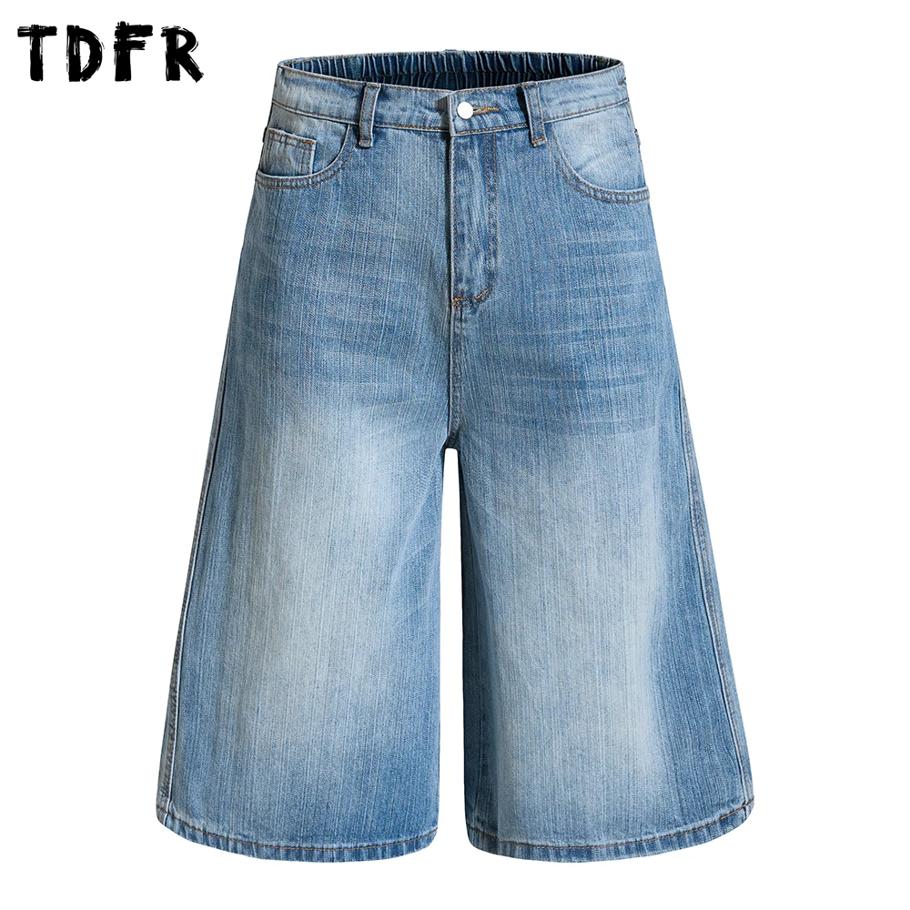 

Retro Basic Denim Shorts Mens Summer Retro Casual Baggy Wide Leg Elastic Waist Washed Distressed Short Jeans Man