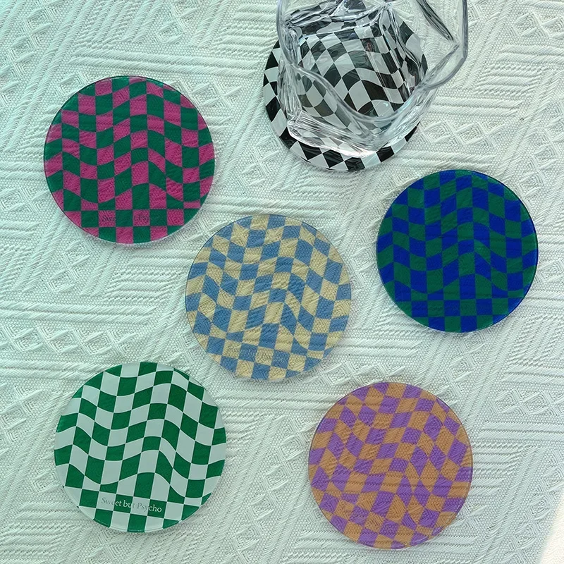 Round Acrylic Coasters Creative Checkerboard Grid Waterproof Heat Insulation Mats Simple Retro Non-slip Coaster Kitchen Supplies