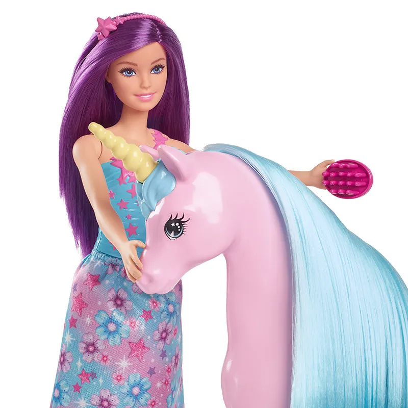 Poupée Barbie aux cheveux violets et ensemble de jeu licorne rose, jouet de simulation pour petites filles, cadeau idéal pour anniversaire ou vacances
