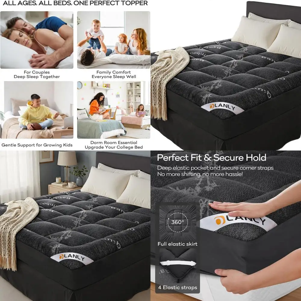 

Bamboo Viscose Cooling Mattress Topper - Plush Pillow Top for Back Pain Relief, Soft Bedding with Deep Pocket, Dark Gray