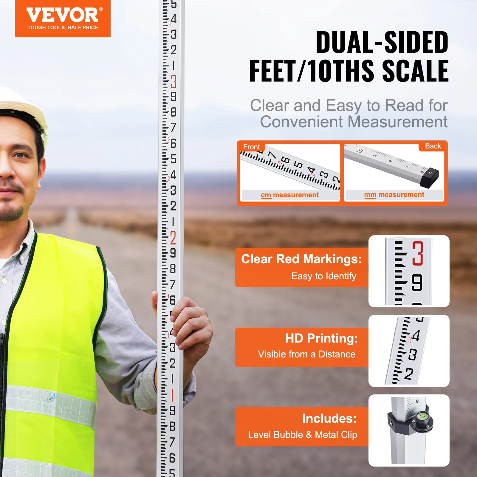 VEVOR Aluminum Grade Rod Double-Sided Scale 1/10ft/1/8in Leveling Rod Stick w/ Bubble Level &Carrying Bag for House Wall Floors