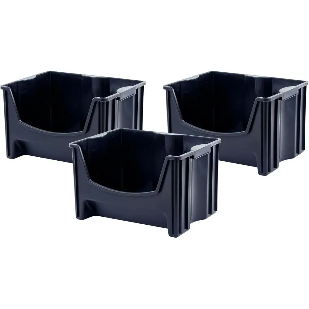 

Large Stackable Storage Bins Set of 3, Durable Handles, Wide Opening, Interlocking Design, Black