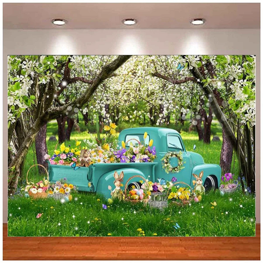 

Photography Backdrops Spring Easter Bunny Decoration Banners Truck Green Forest Grass Baby Portrait Photo Background Poster