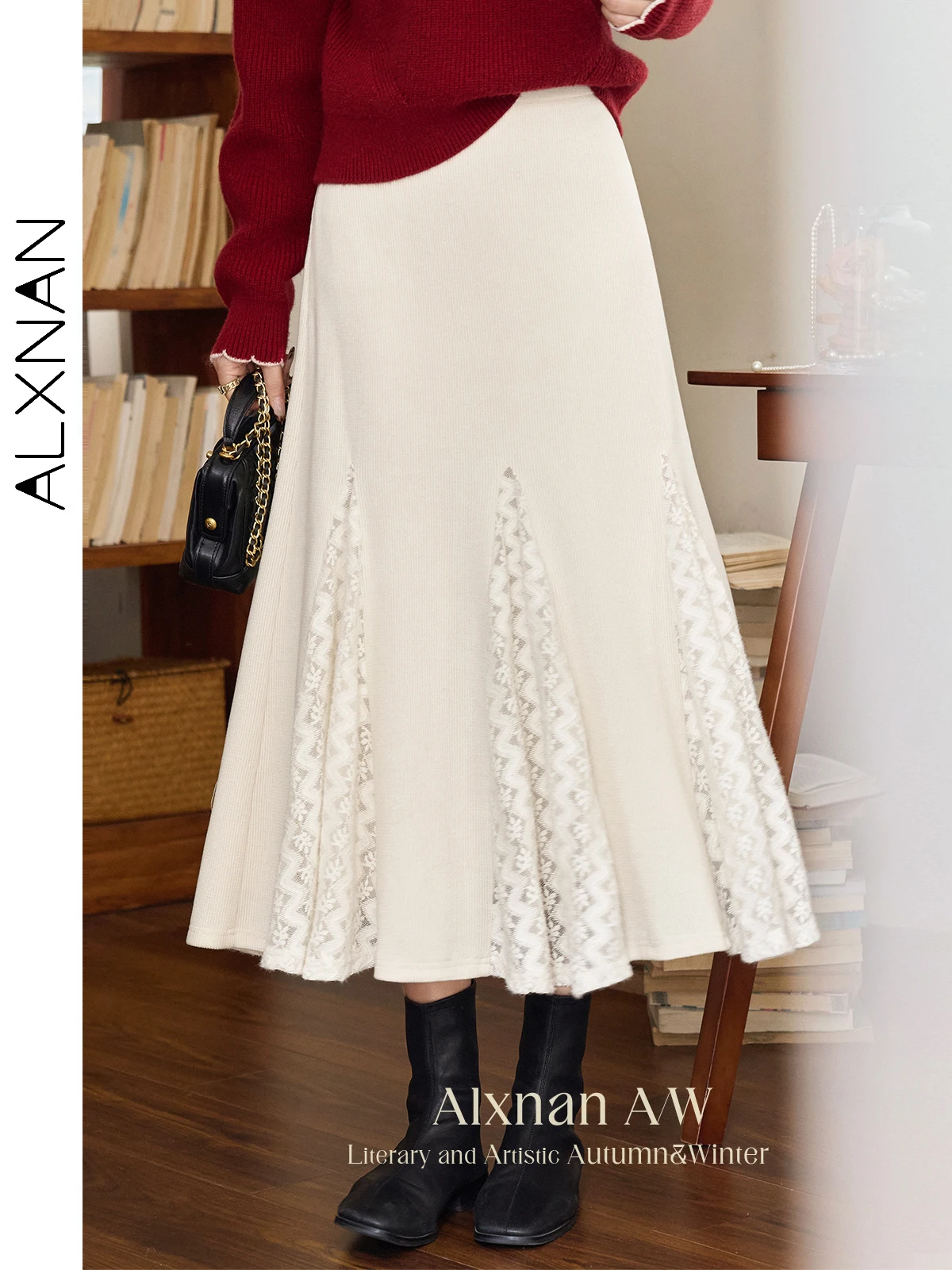 

ALXNAN Women's Skirt 2025 Autumn Winter Warm Apricot Long Lace Patchwork Skirts New Casual Elastic Waist Female Clothing L52216