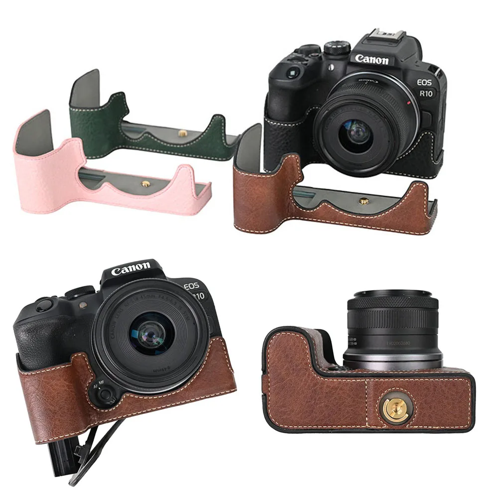 Litchi Skin PU Leather Camera Half Case for Canon EOS R10 Bottom Opening Magnetic Cover